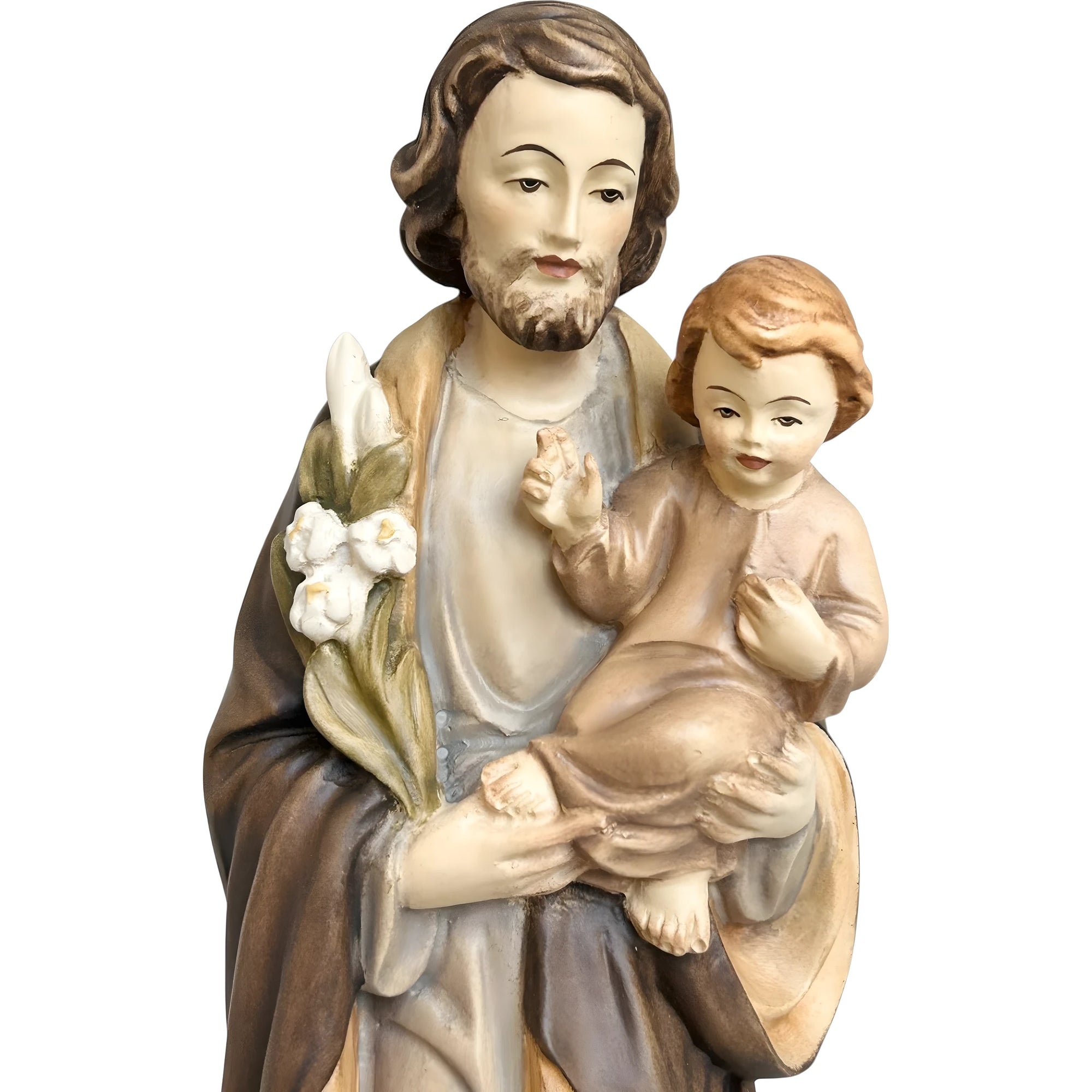 Statua in Legno San Giuseppe con Gesù Bambino e il Giglio Policromo
