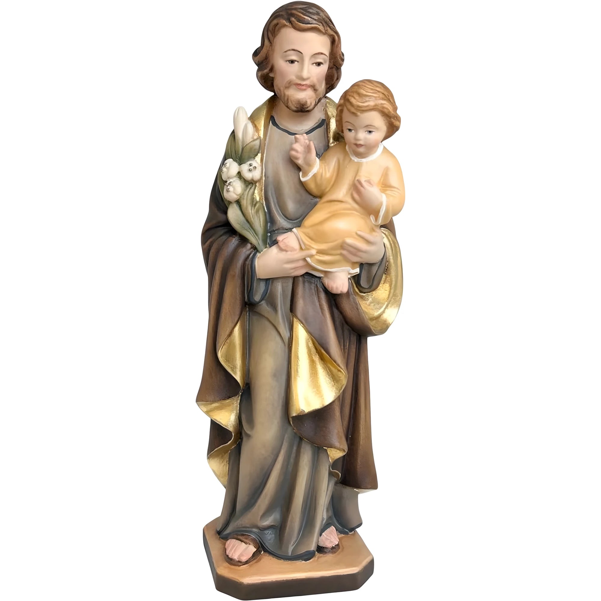 Statua in Legno San Giuseppe con Gesù Bambino e il Giglio Policromo