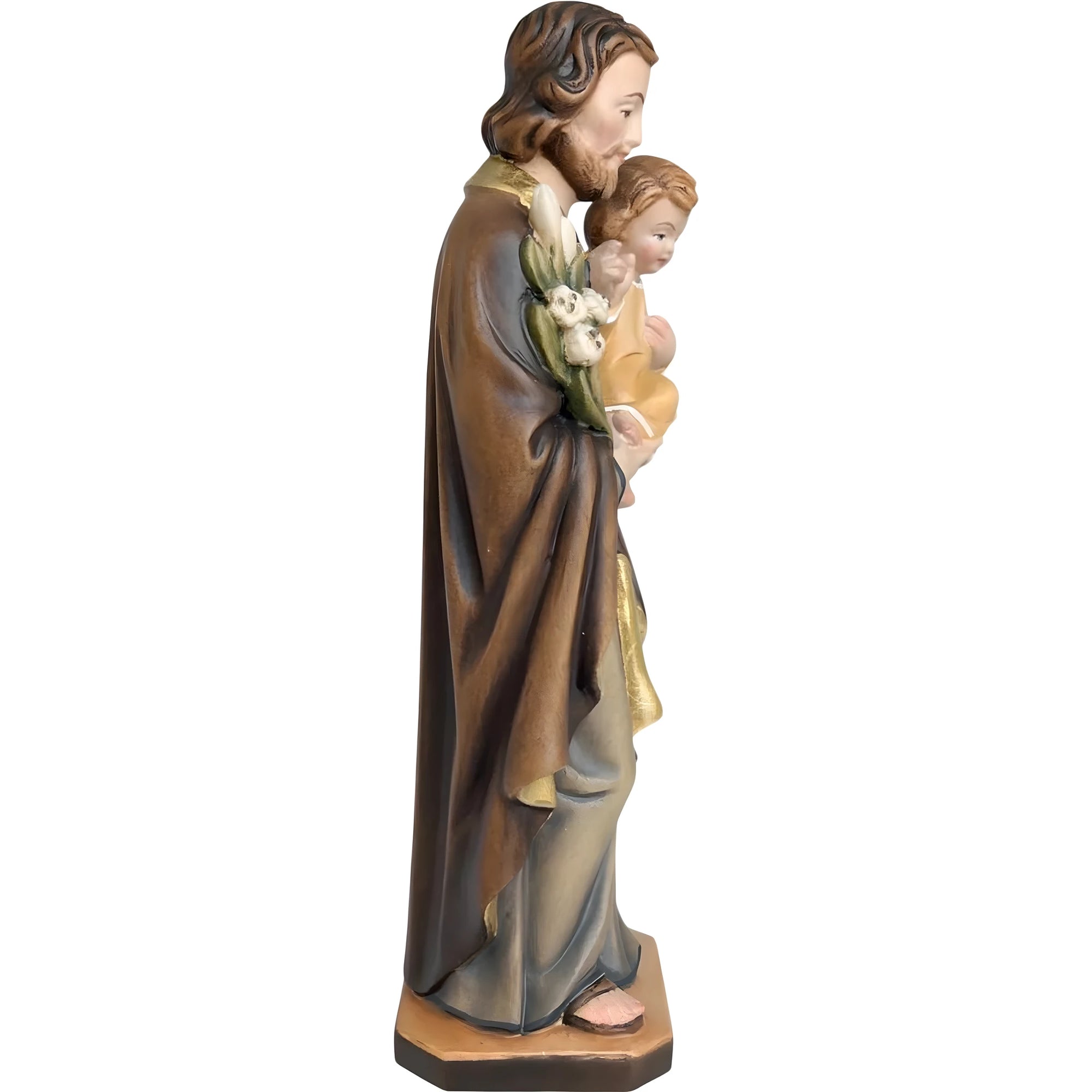 Statua in Legno San Giuseppe con Gesù Bambino e il Giglio Policromo