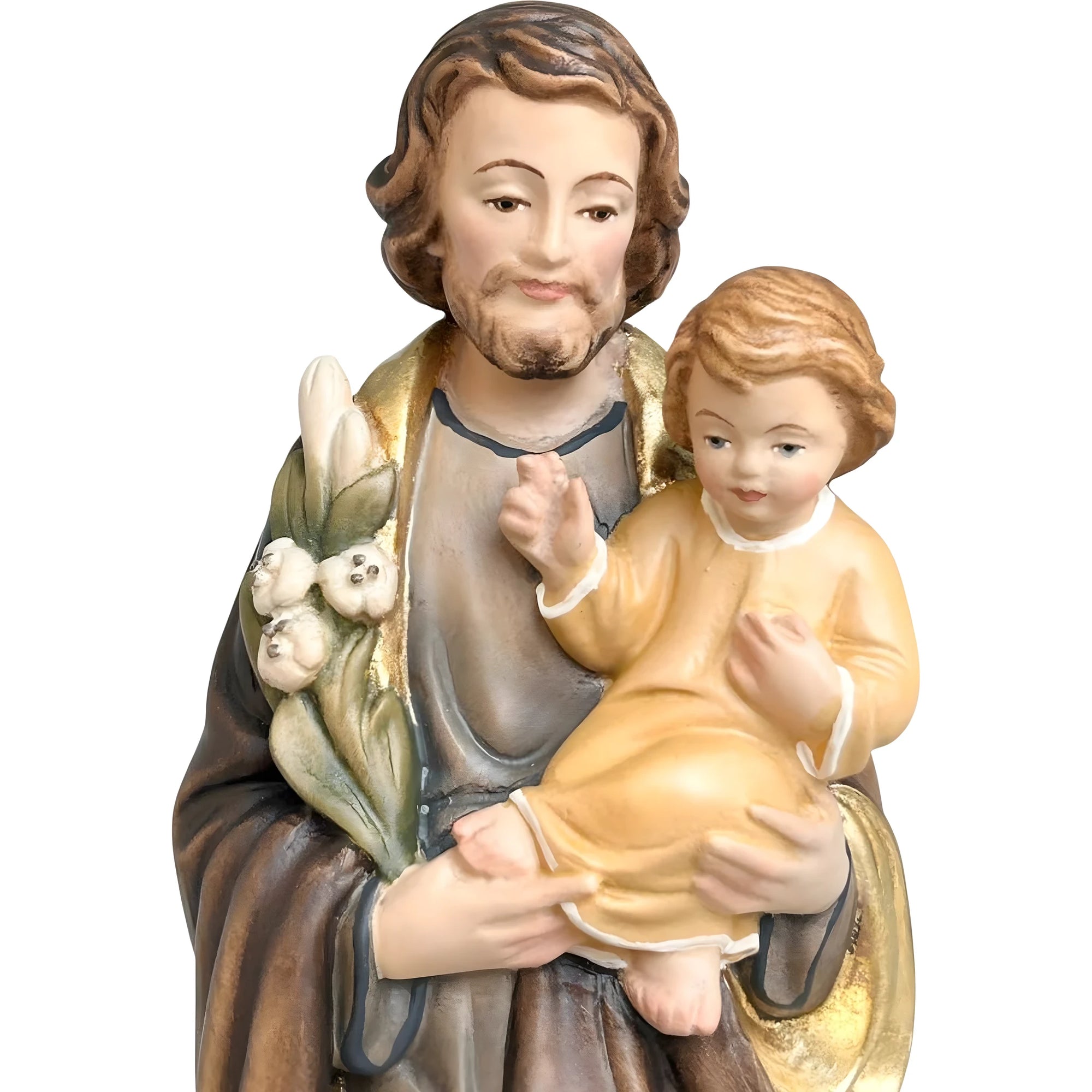 Statua in Legno San Giuseppe con Gesù Bambino e il Giglio Policromo