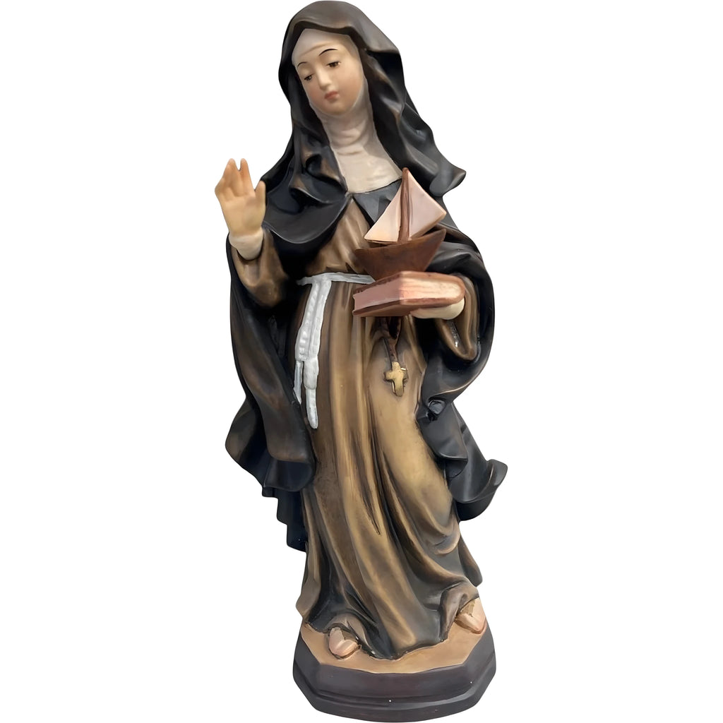 Statue Sainte Monique en Bois avec Petit Bateau, Sculptée et Peinte à la Main