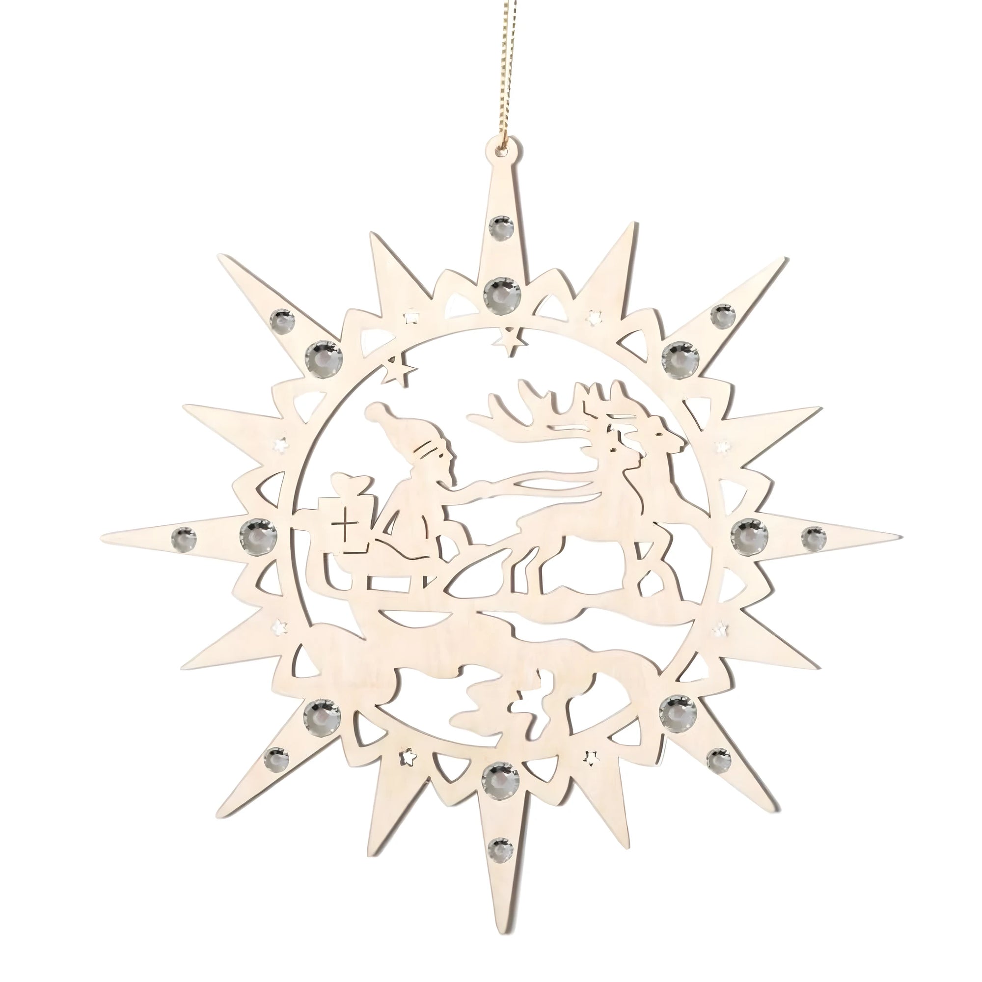 Laser Cut Star with Reindeer, Stylized Santa Claus and Swarovski Crystals