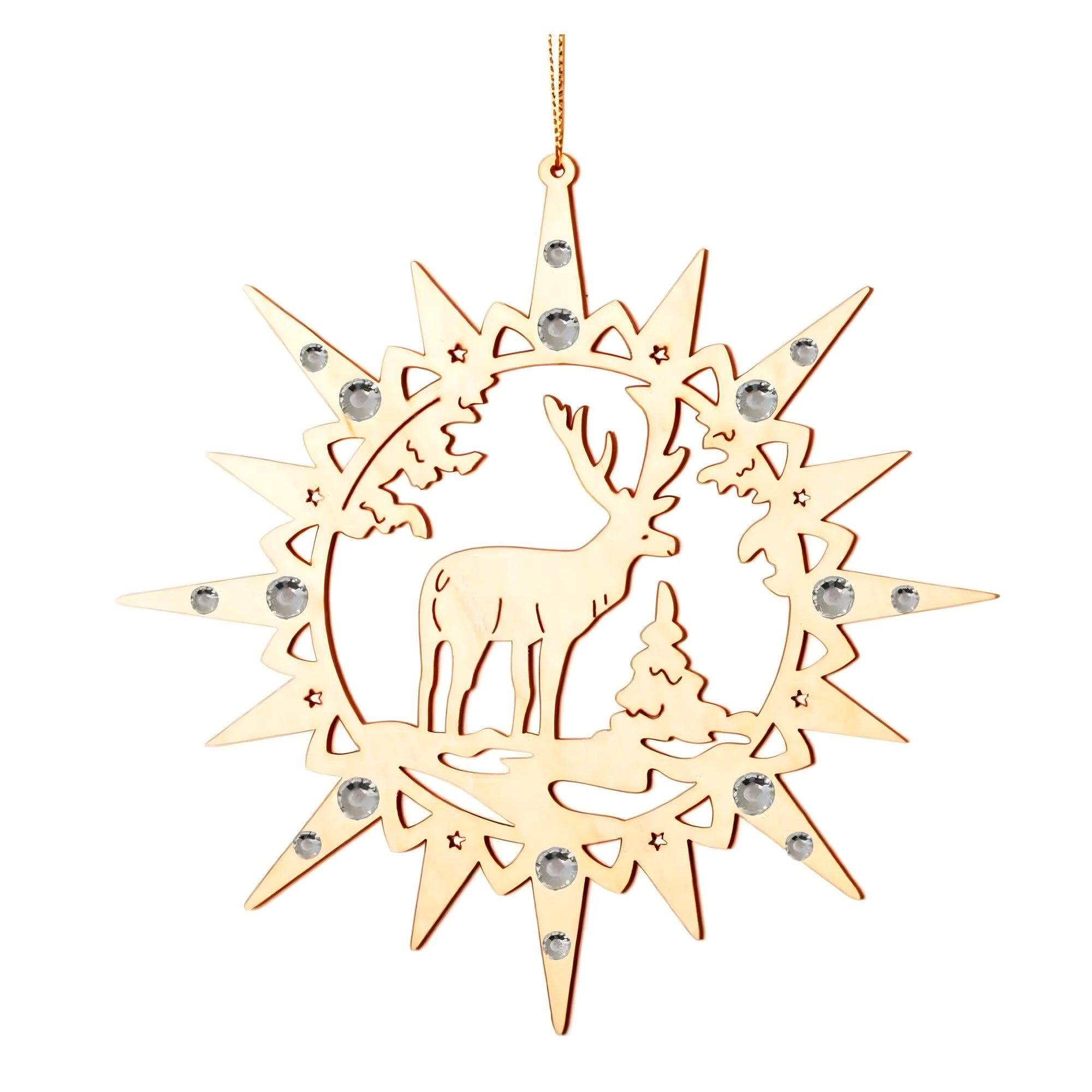 Winter Star Carved with Deer and Precious Crystal Stones