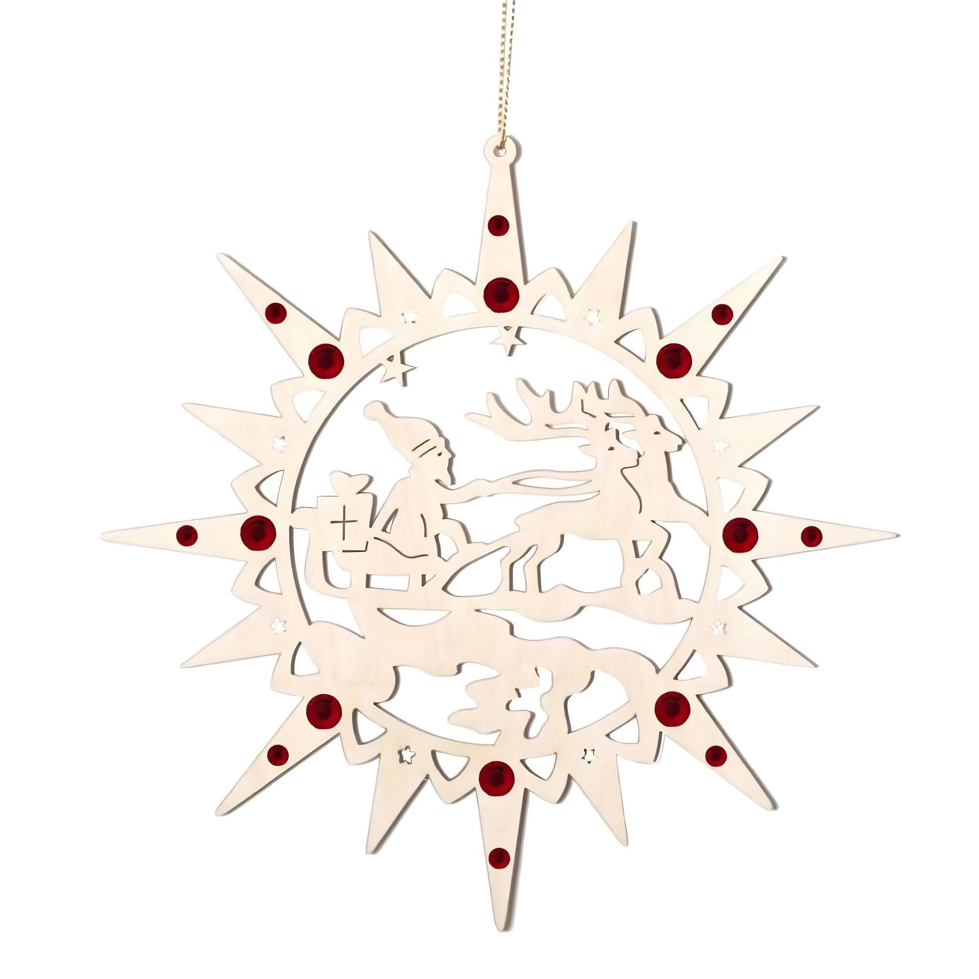 Carved Maple Wood Christmas Star, Gnome and Reindeer Scene with Crystals