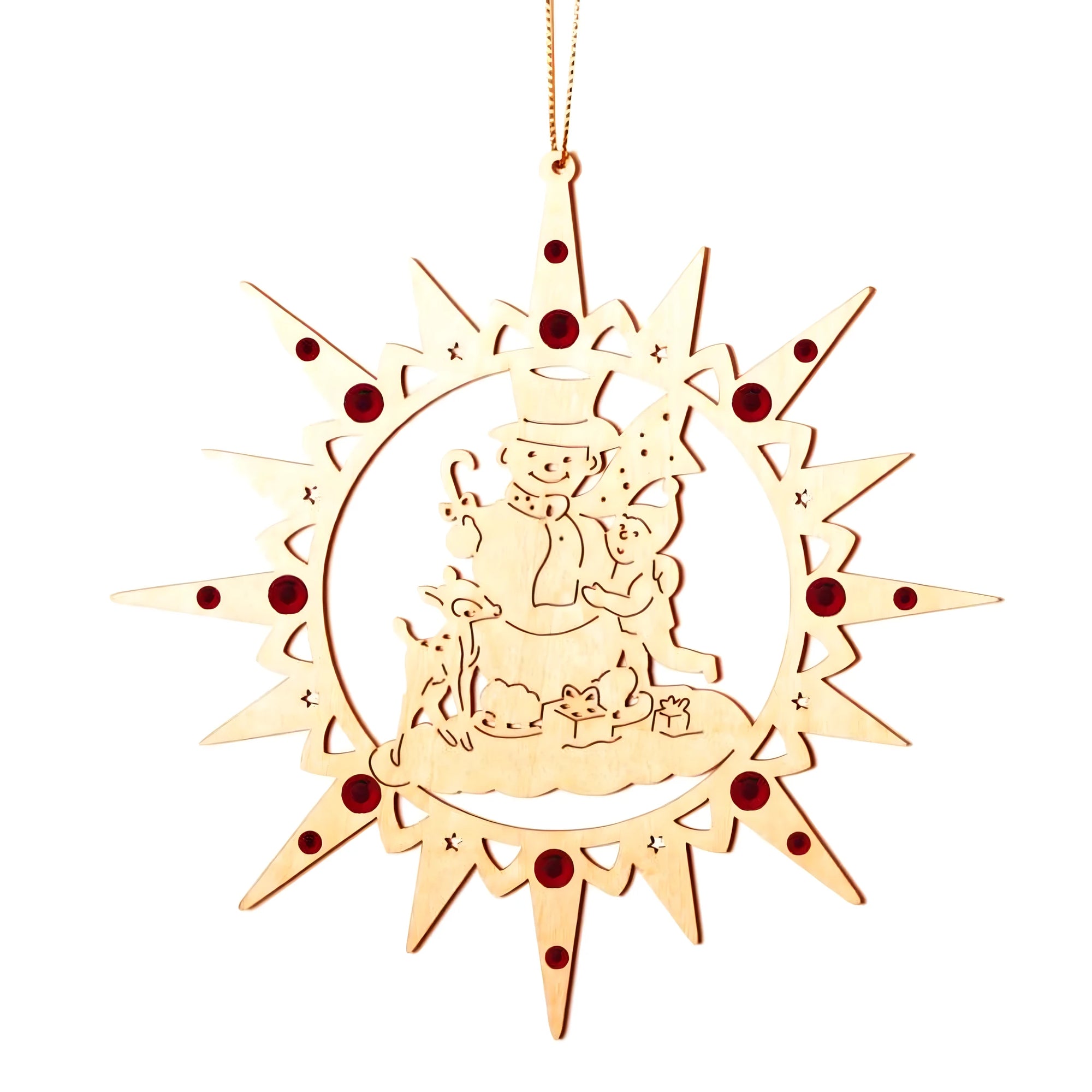 Birch Plywood Christmas Star with Snowman and Crystal Details
