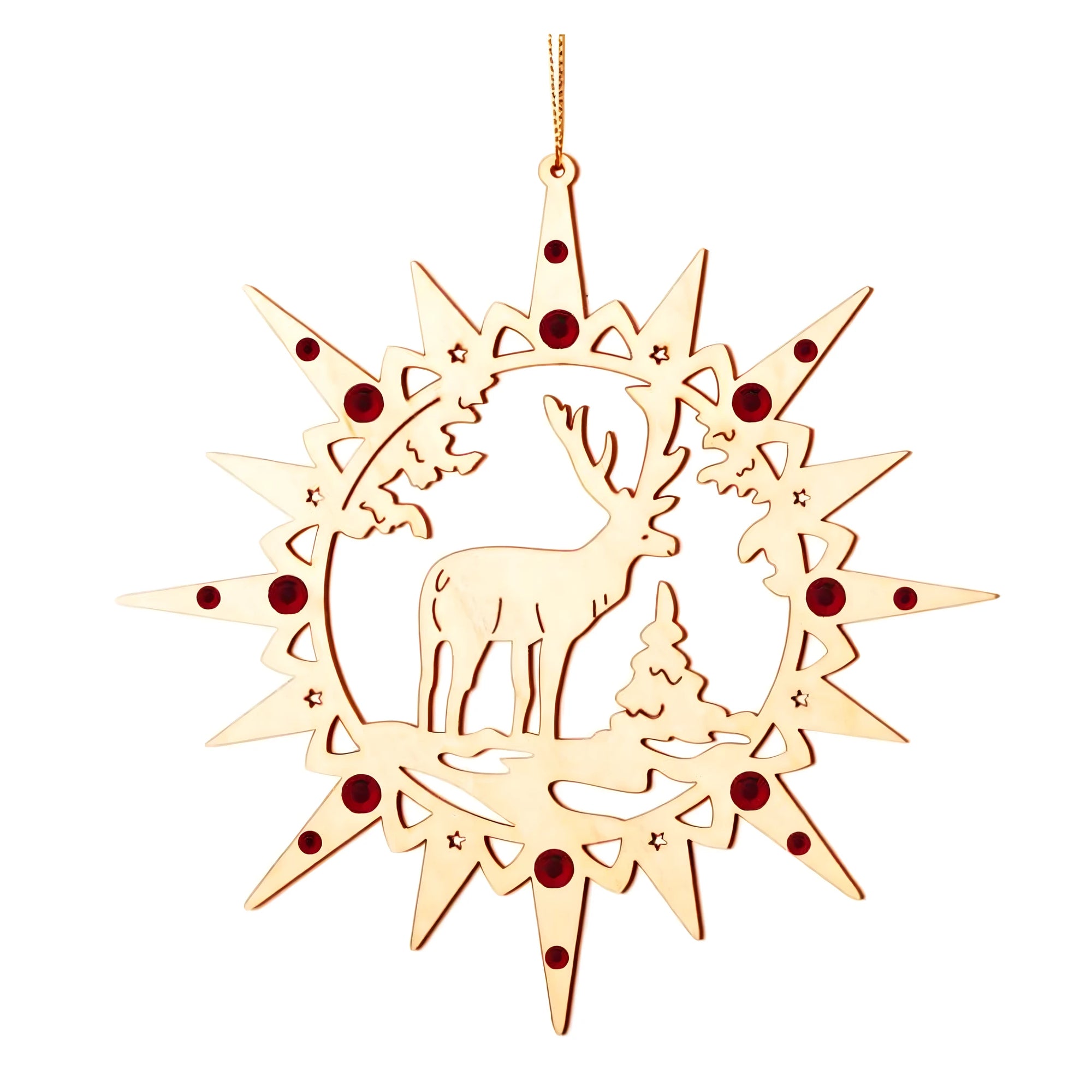 Carved Wooden Christmas Star with Deer and Precious Red Crystals