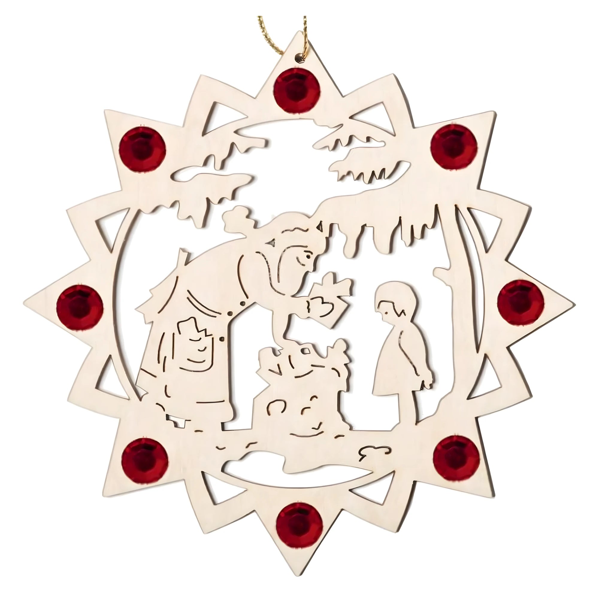 Maple Wood Christmas Star with Gift Scene and Swarovski Crystals