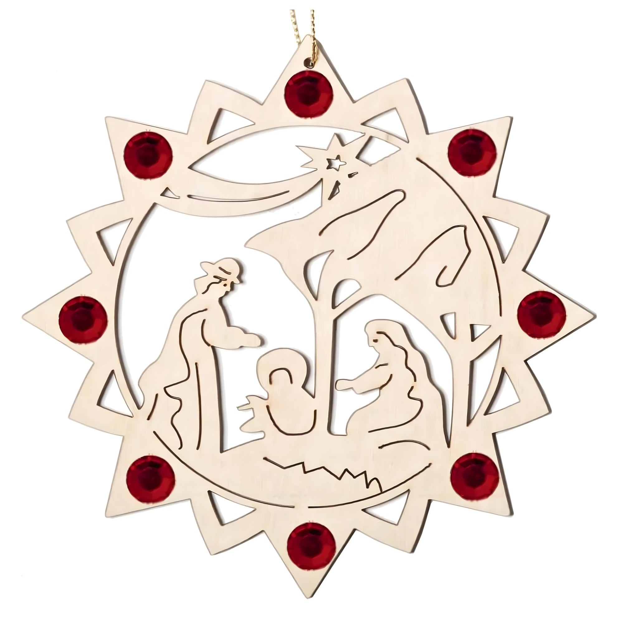 Maple Wood Nativity Star, Laser Engraving and Red Crystals