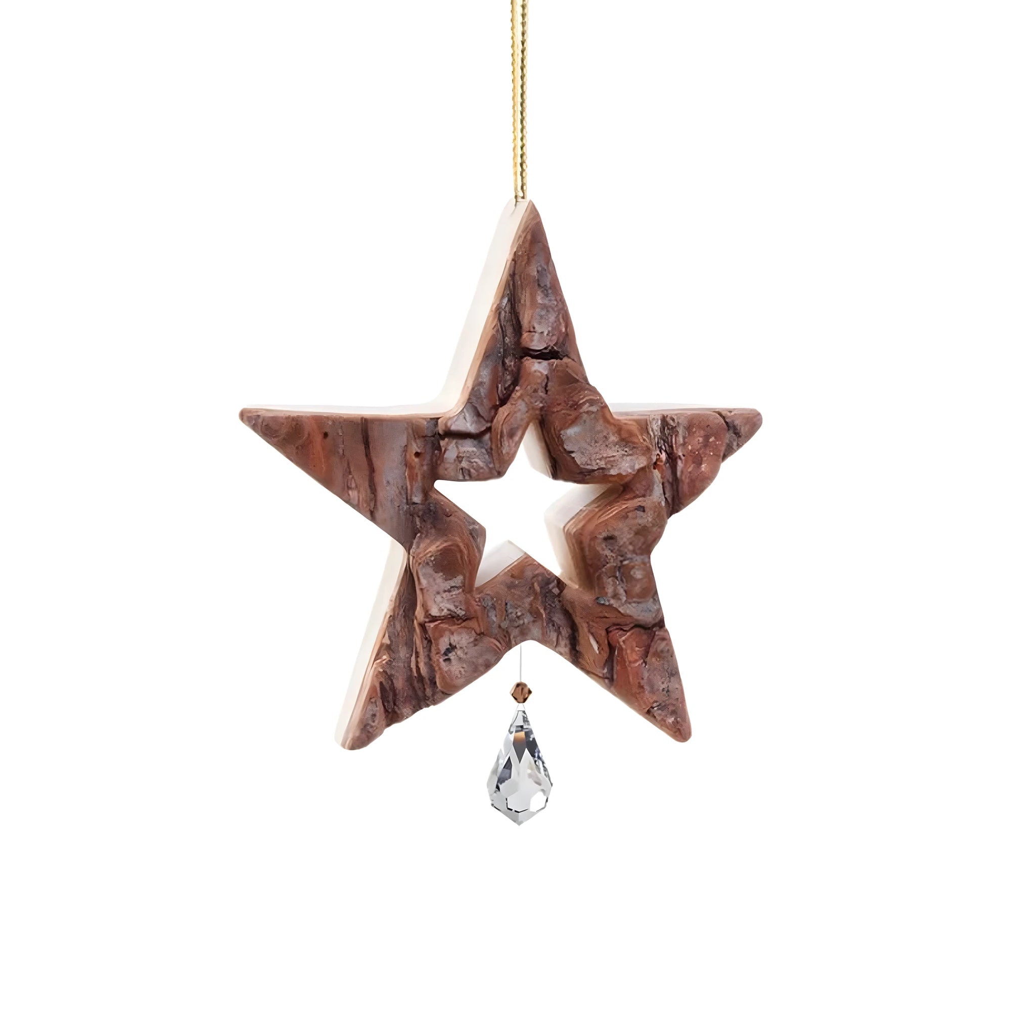 Carved Wooden Christmas Star with Decorative Crystal - Val Gardena Handicraft