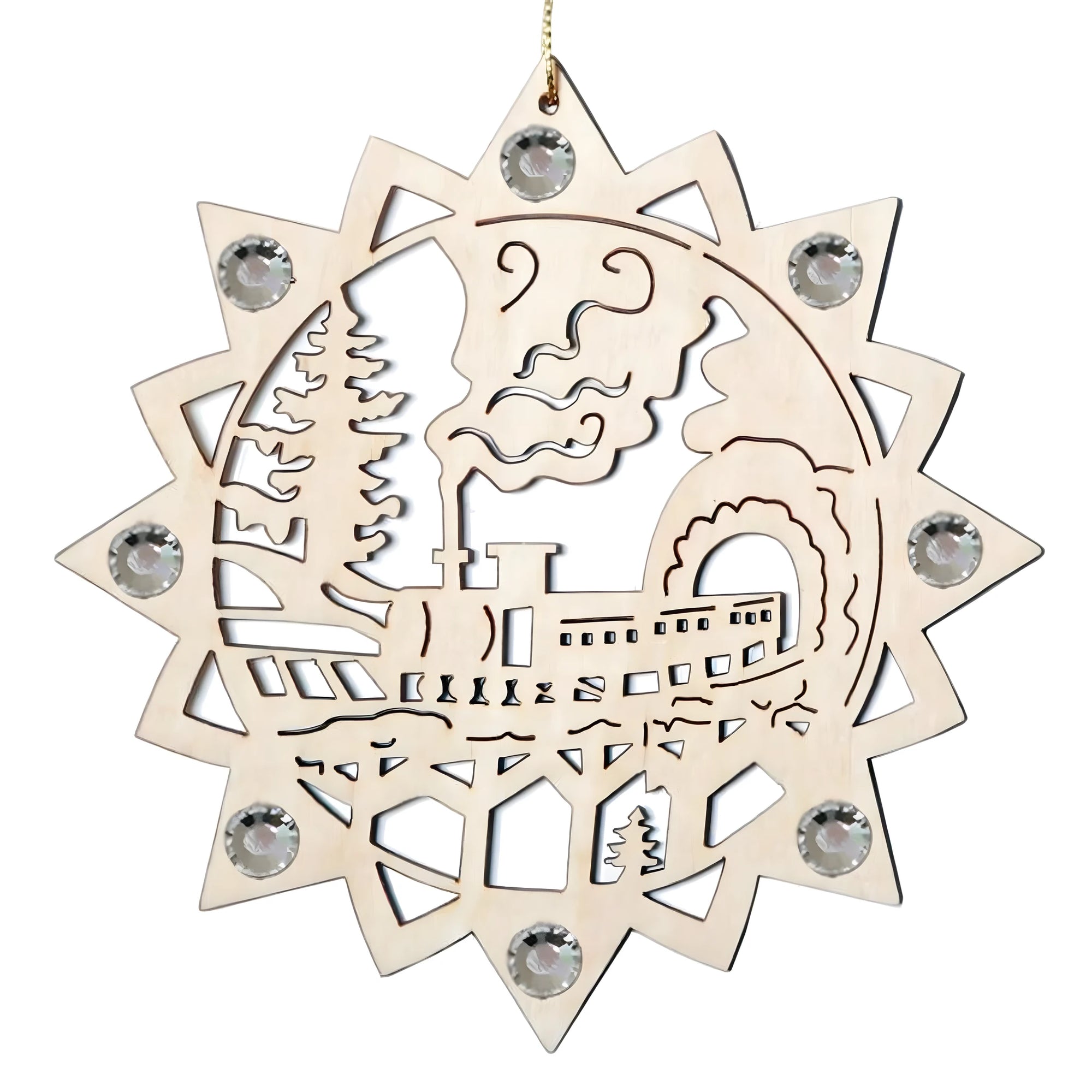 Christmas Star in Openwork Wood with Steam Train and Swarovski Crystals