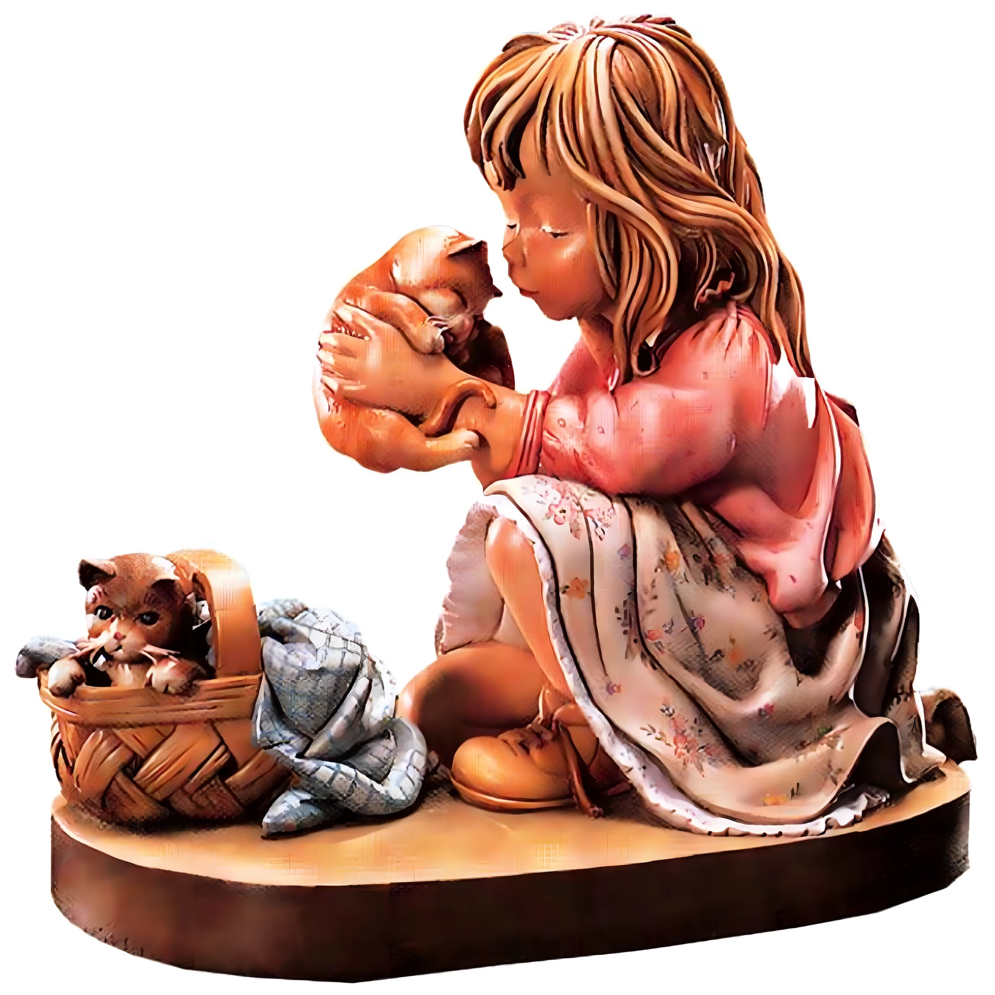 Tenera Scultura Bambina con Gattini in Legno d'Acero della Val Gardena