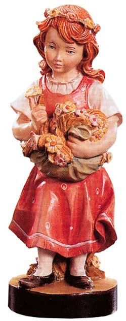 Mini figurina Dolfi in legno di acero dipinta a mano raffigurante una bimba con fiori, alta 5 cm.