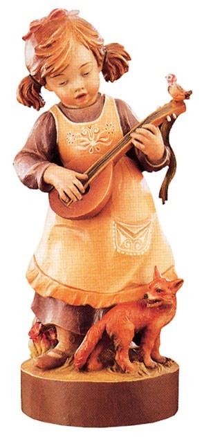 Scultura Dolfi in legno di una pastorella che suona il mandolino con una volpe, alta 7,5 cm per presepe artigianale