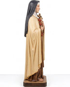Statua Dolfi di Santa Teresa di Lisieux in legno intagliato a mano, 120 cm, con crocifisso e rose rosse.