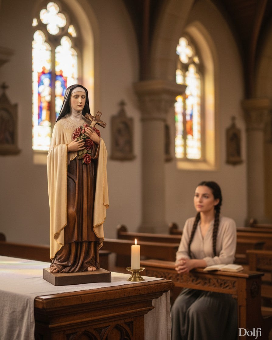 Statua Dolfi di Santa Teresa di Lisieux in legno intagliato a mano con rose e crocifisso in una chiesa