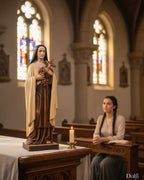 Statua Dolfi di Santa Teresa di Lisieux in legno intagliato a mano con rose e crocifisso in una chiesa