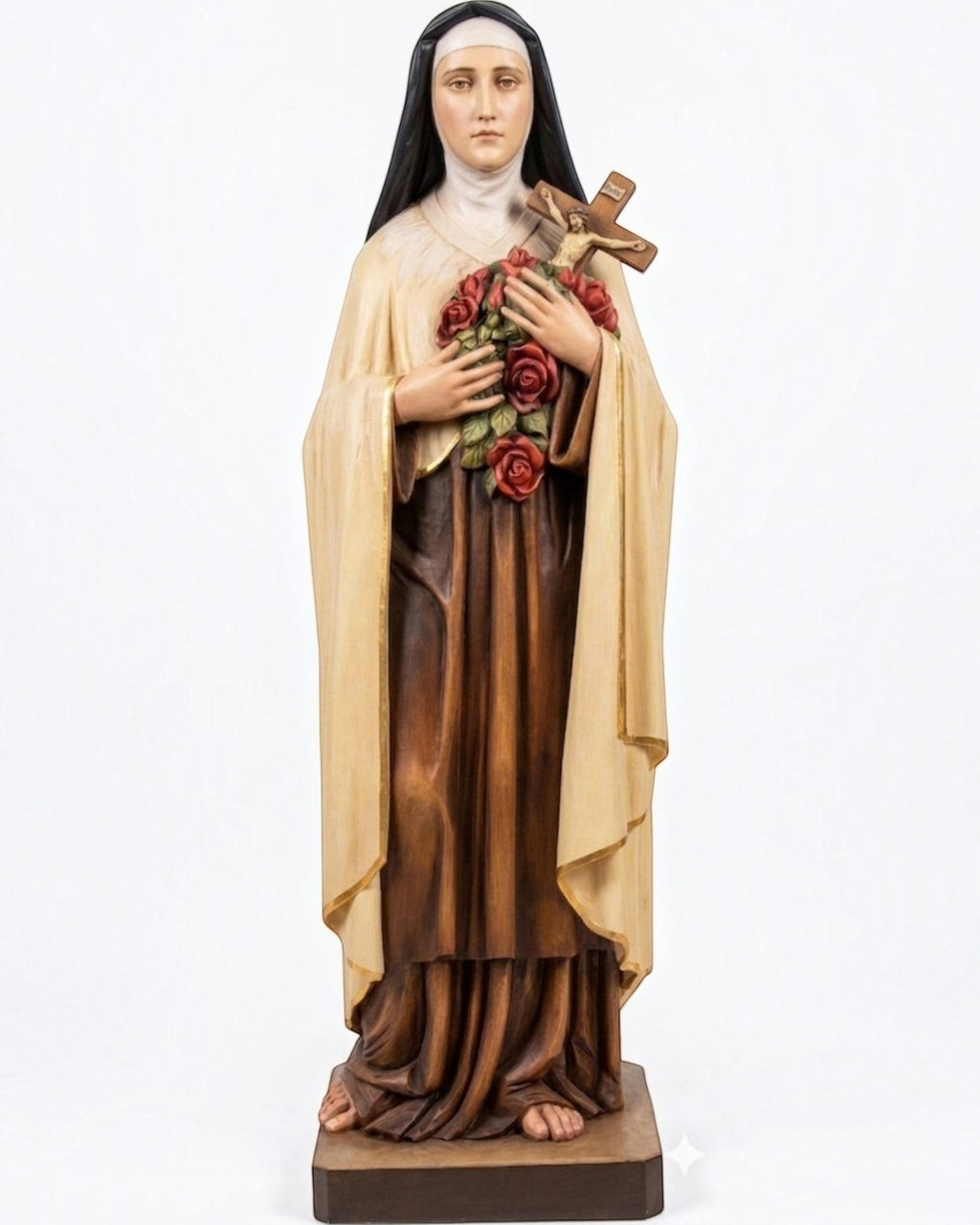 Statua in legno Dolfi di Santa Teresa di Lisieux 120 cm, intagliata a mano con crocifisso e rose rosse dipinte