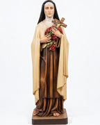 Statua in legno Dolfi di Santa Teresa di Lisieux 120 cm, intagliata a mano con crocifisso e rose rosse dipinte