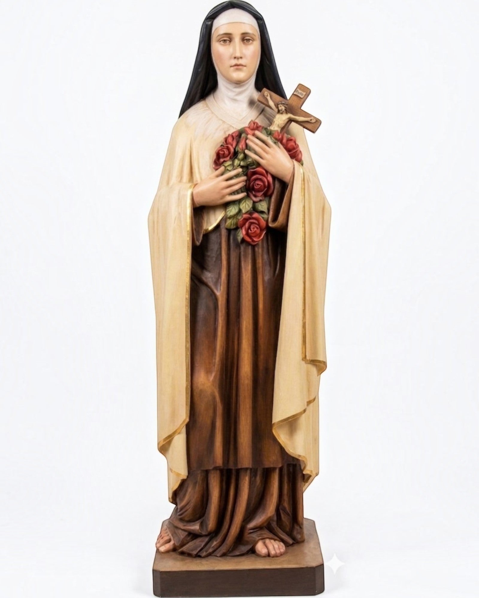 Statua in legno Dolfi di Santa Teresa di Lisieux 120 cm, intagliata a mano con crocifisso e rose rosse dipinte