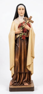Statua Dolfi di Santa Teresa di Lisieux in legno di tiglio intagliato a mano, 120 cm, con crocifisso e rose rosse.