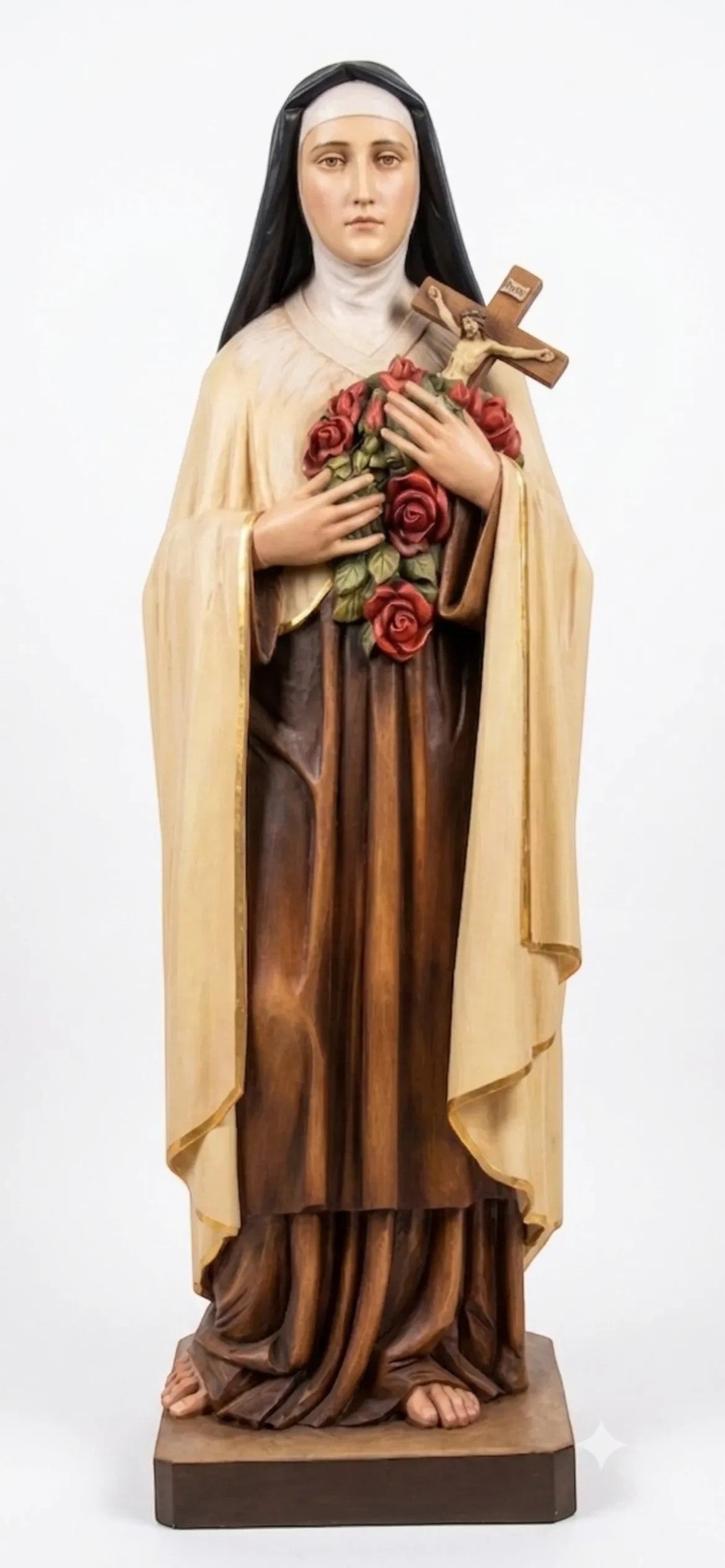 Statua Dolfi di Santa Teresa di Lisieux in legno di tiglio intagliato a mano, 120 cm, con crocifisso e rose rosse.