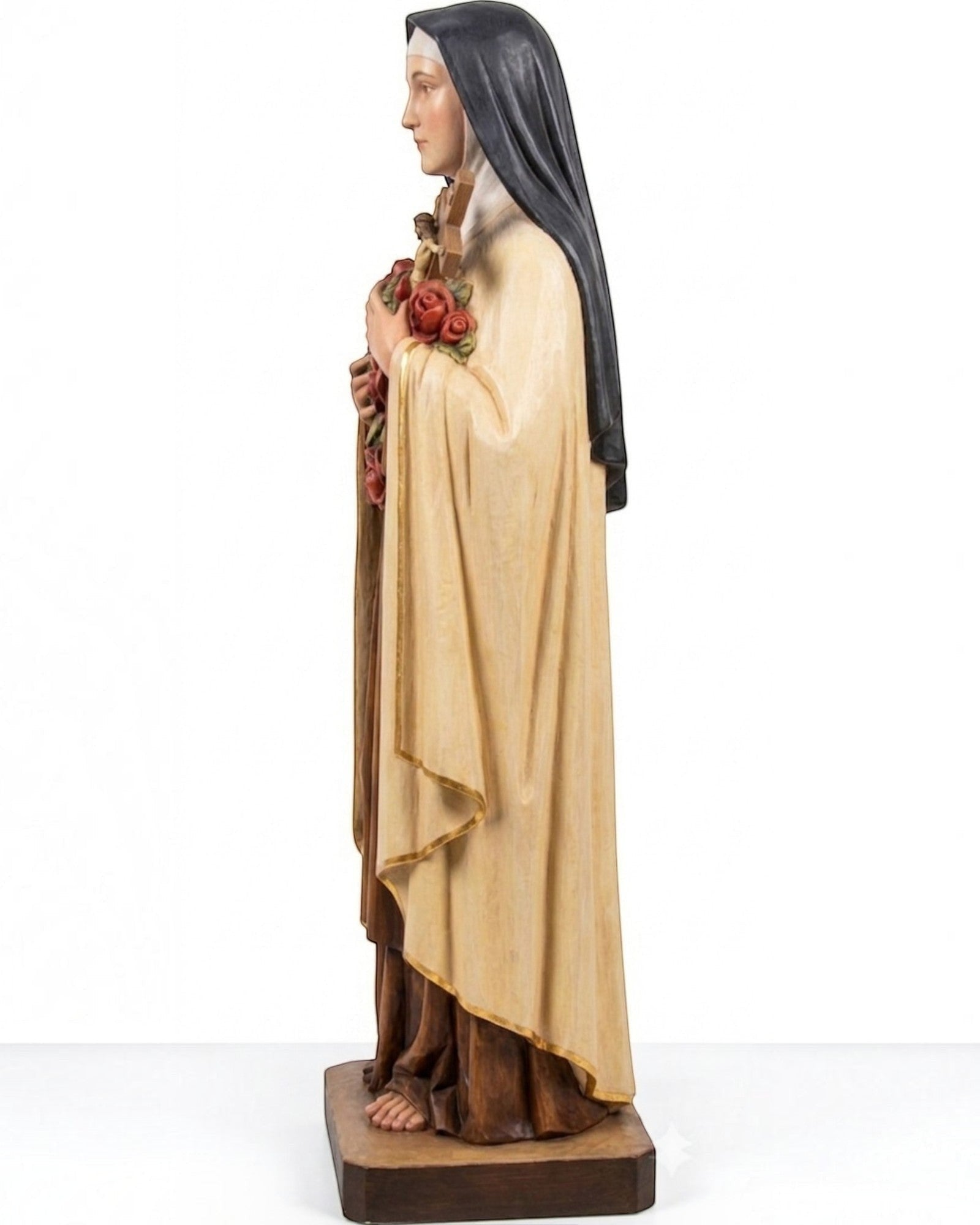 Statua Dolfi di Santa Teresa di Lisieux in legno di tiglio, 120 cm, dipinta a mano con rose rosse e crocifisso