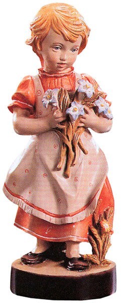 Statuetta Dolfi in legno d'acero intagliata a mano raffigurante una bambina con abito arancione e mazzo di fiori