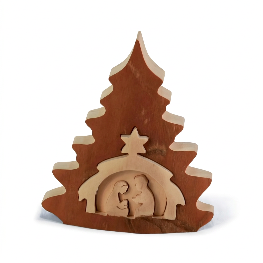 Presepe in legno a forma di albero di Natale con Natività stilizzata, 9 cm