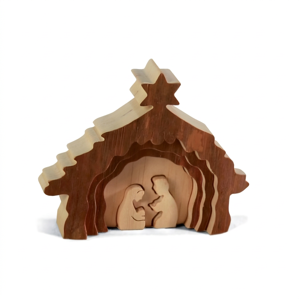 Presepino artigianale in legno naturale con Natività stilizzata, 8 cm